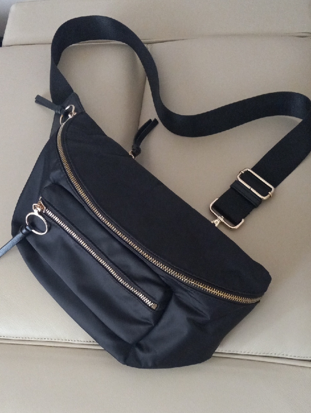 Black Crossbody Sling Bag with Gold Zippers